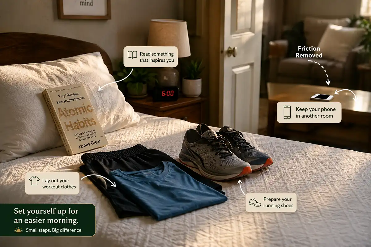Environment design examples supporting goal setting strategies for 2026 with laid-out shoes and a book