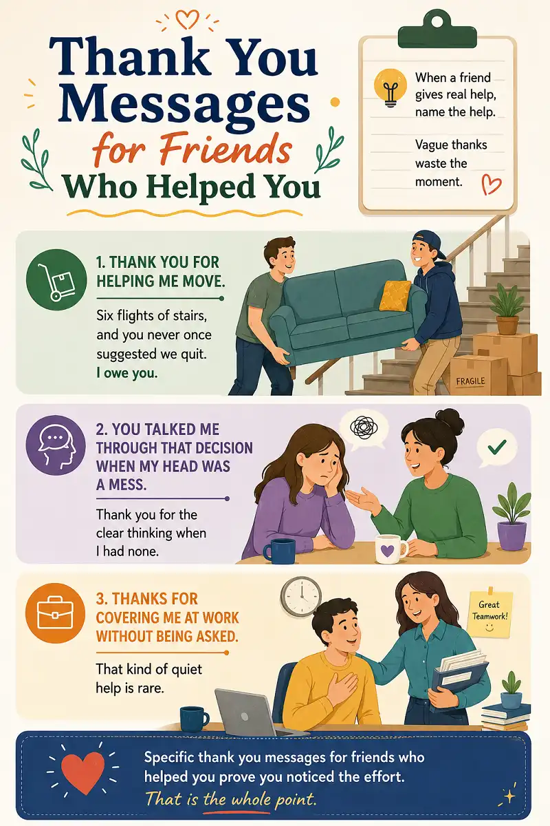 Thank you message examples for friends who helped with moving, decisions, and work.