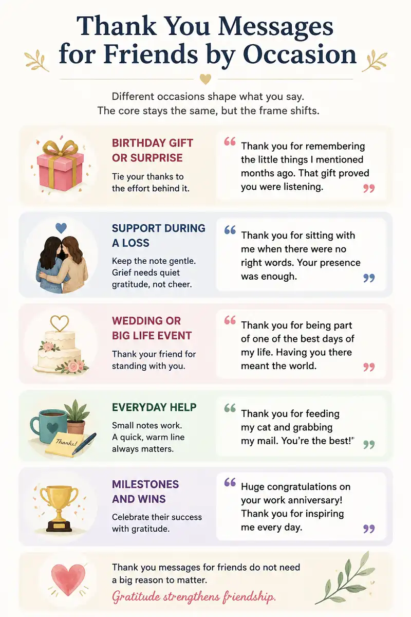 Infographic showing thank you messages for friends across different occasions.