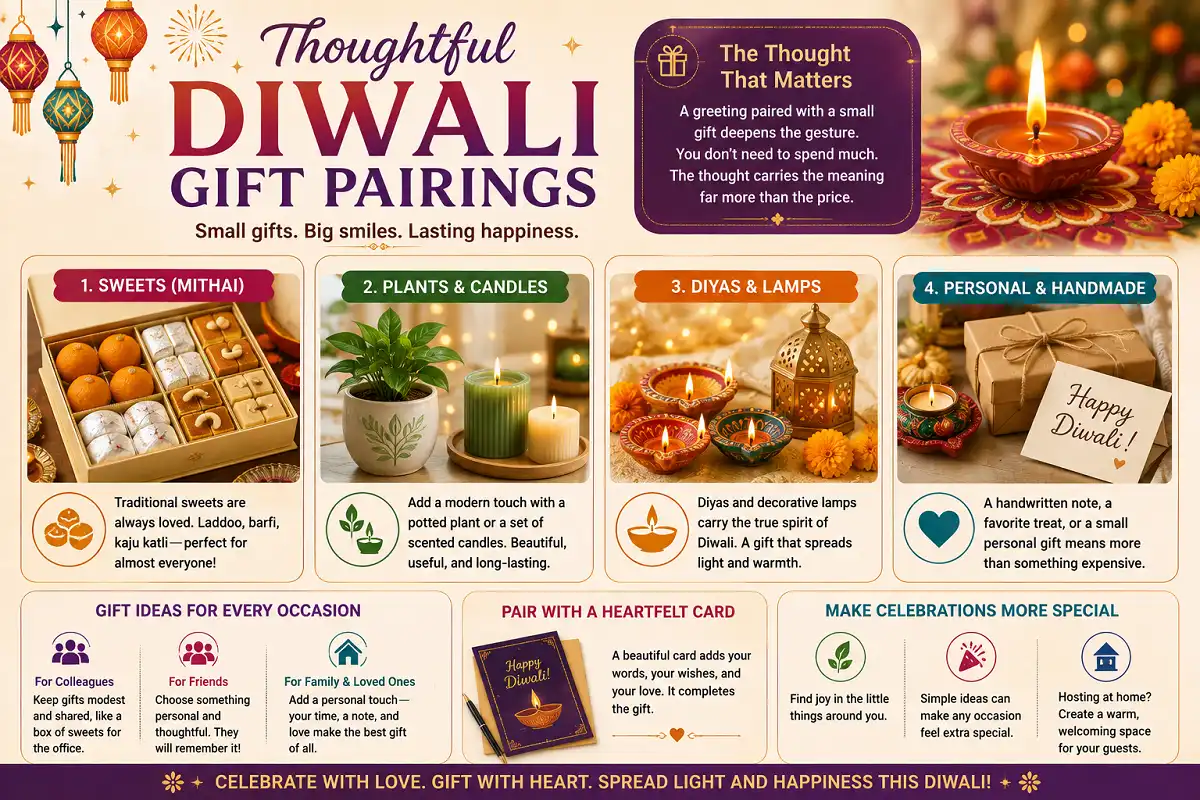 Infographic showing thoughtful Diwali gifts like sweets, diyas, plants, and handmade presents.