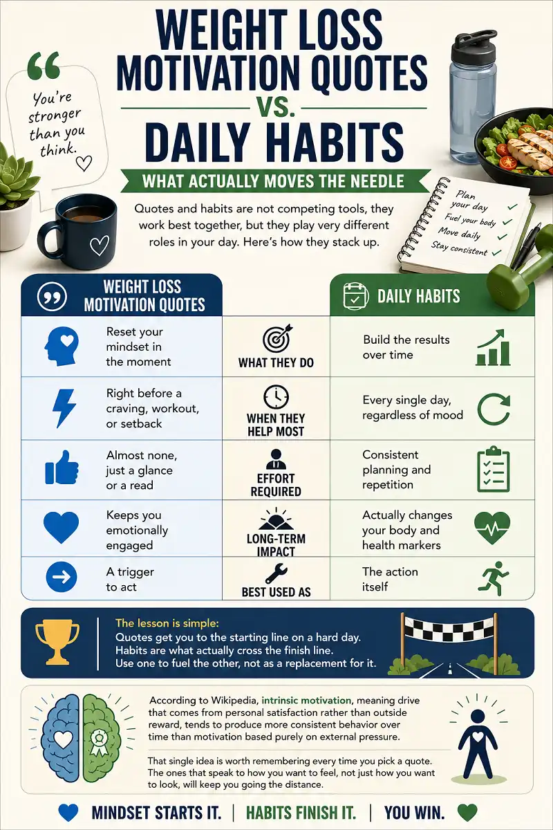 Infographic comparing weight loss quotes with daily habits and their long term impact.