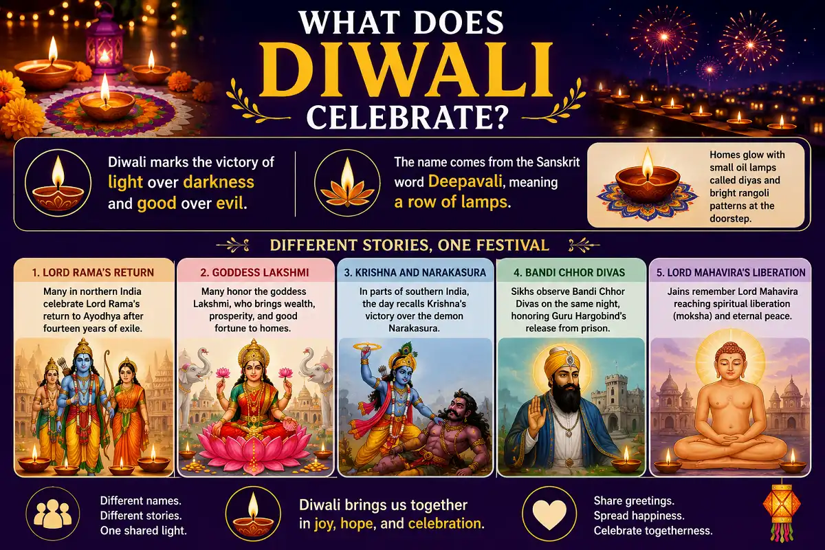 Infographic explaining Diwali traditions, stories, and the festival's meaning.