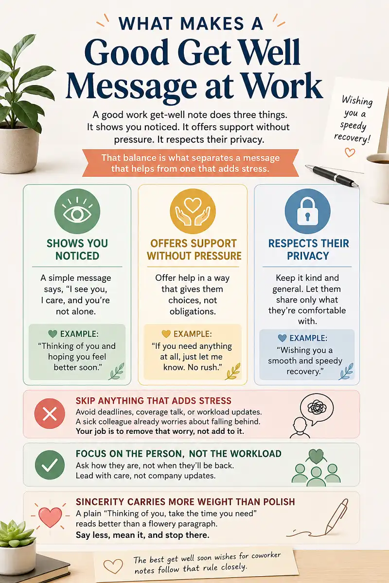 Infographic showing how to write a thoughtful get well message at work
