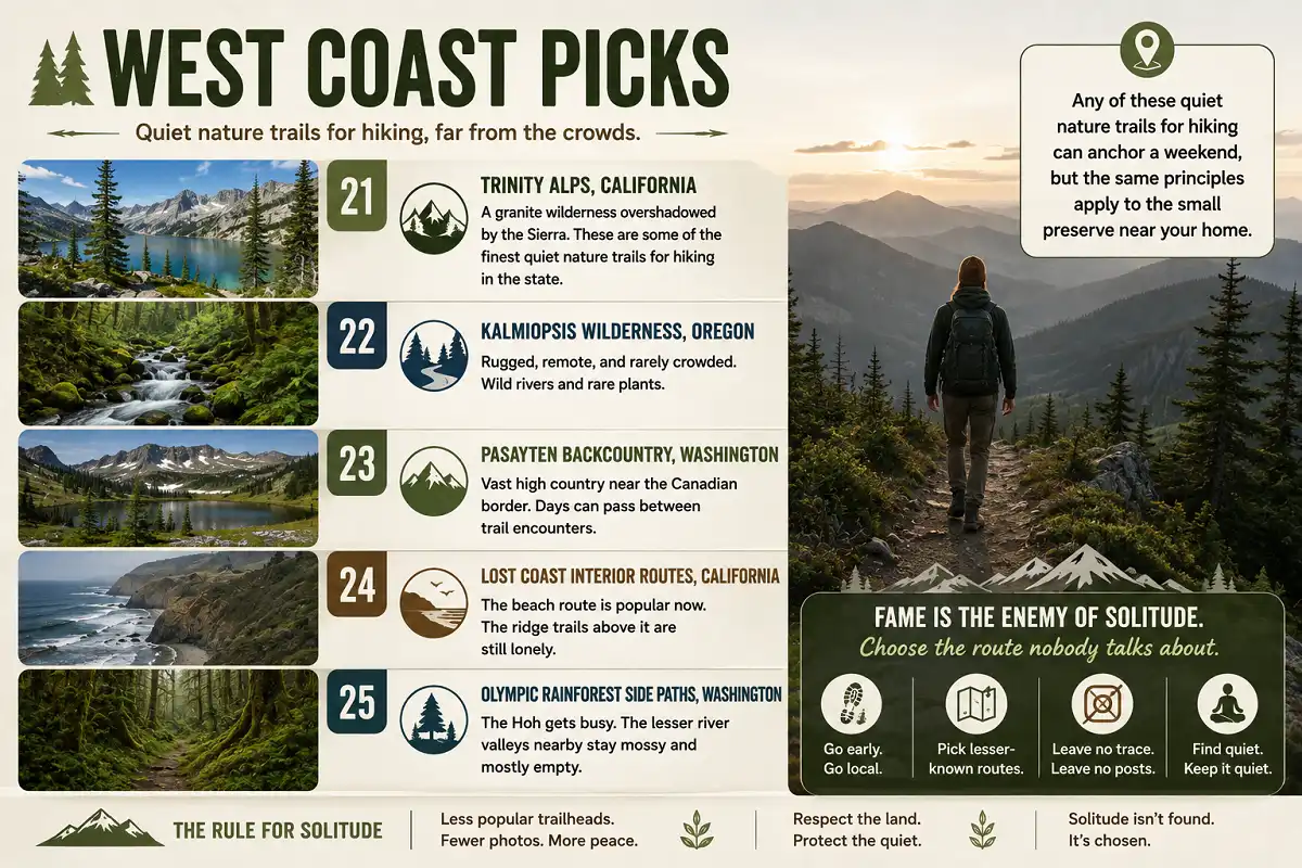 Infographic explaining the key traits of quiet hiking trails and how to avoid crowds.