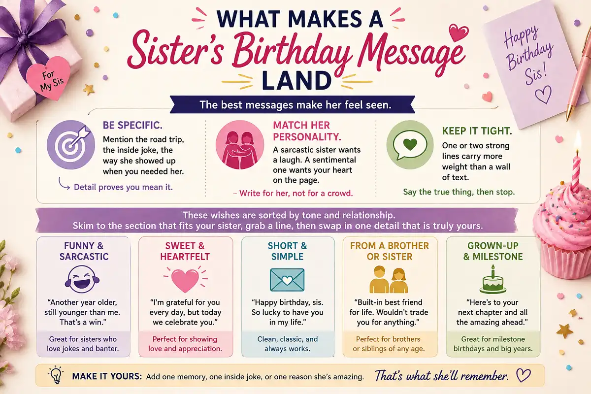 Infographic showing three tips for writing meaningful birthday messages for a sister.