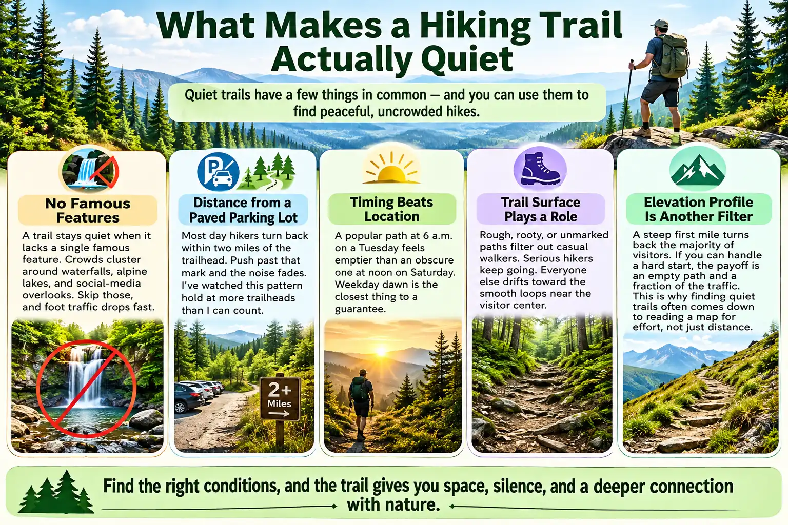 Infographic explaining the key features that make hiking trails quieter and less crowded.