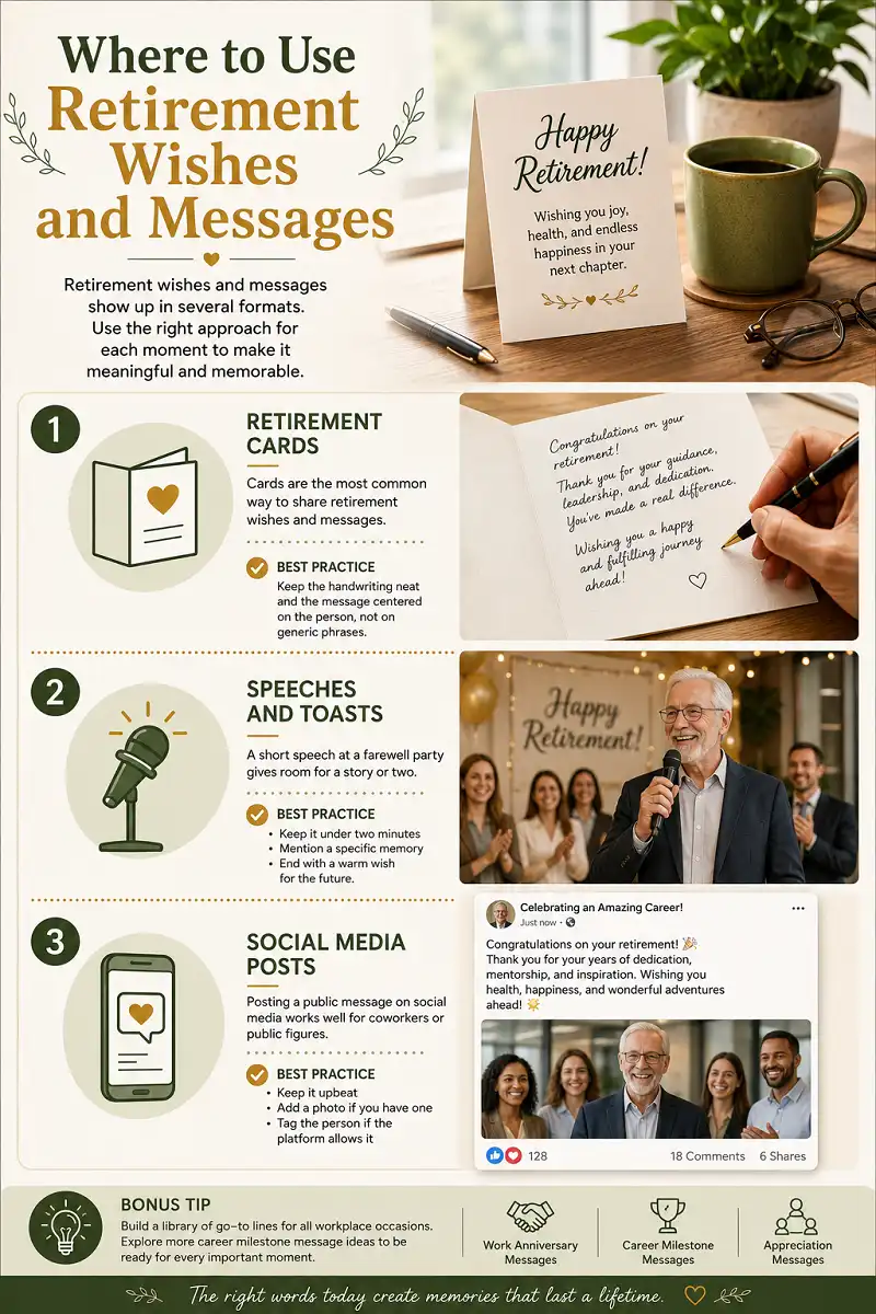 Retirement wishes for cards, speeches, toasts, and social media posts.