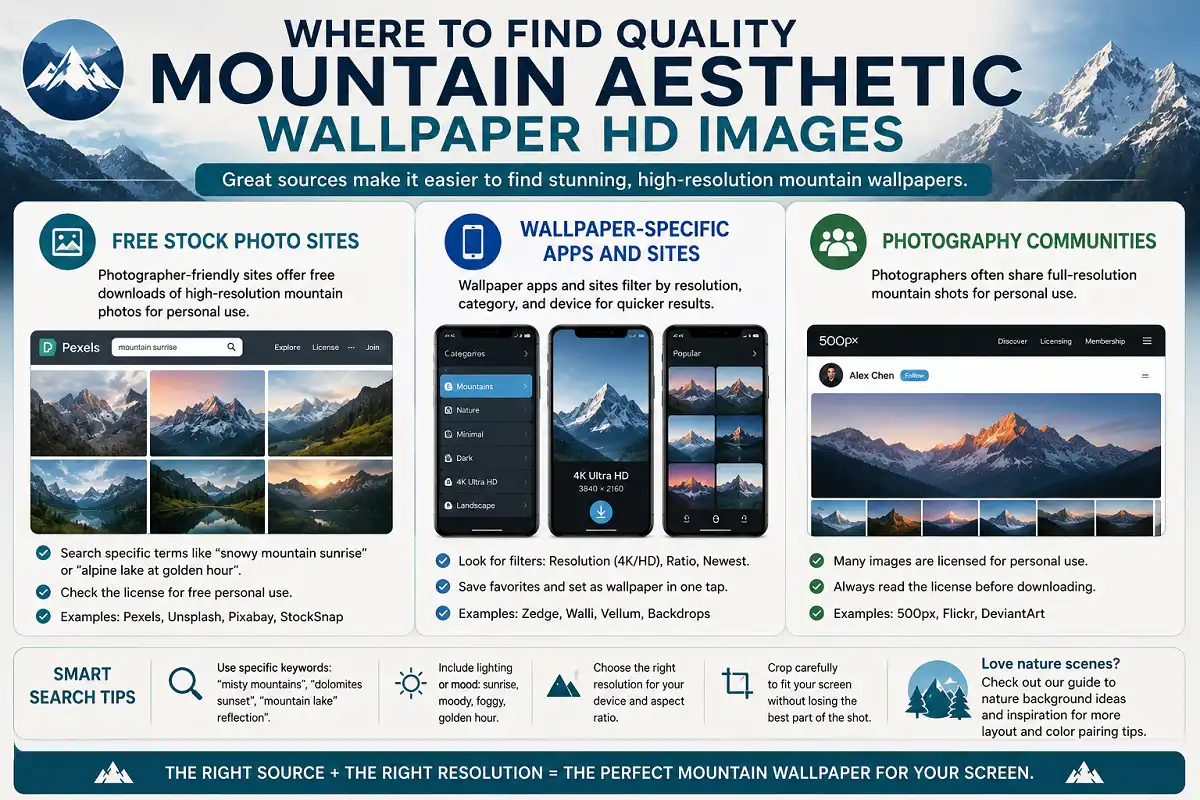 Infographic showing the best sources to find high quality mountain aesthetic HD wallpapers.