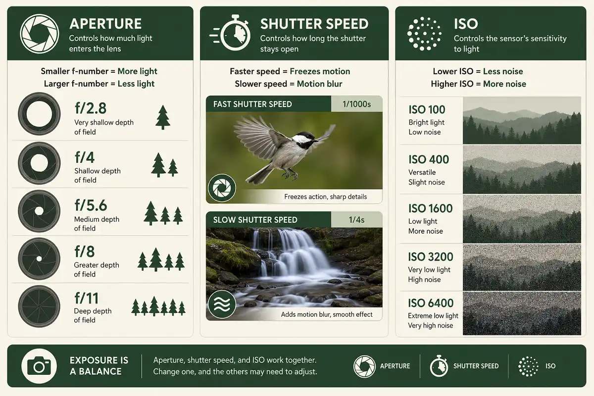 Infographic explaining aperture, shutter speed, and ISO settings for nature photography