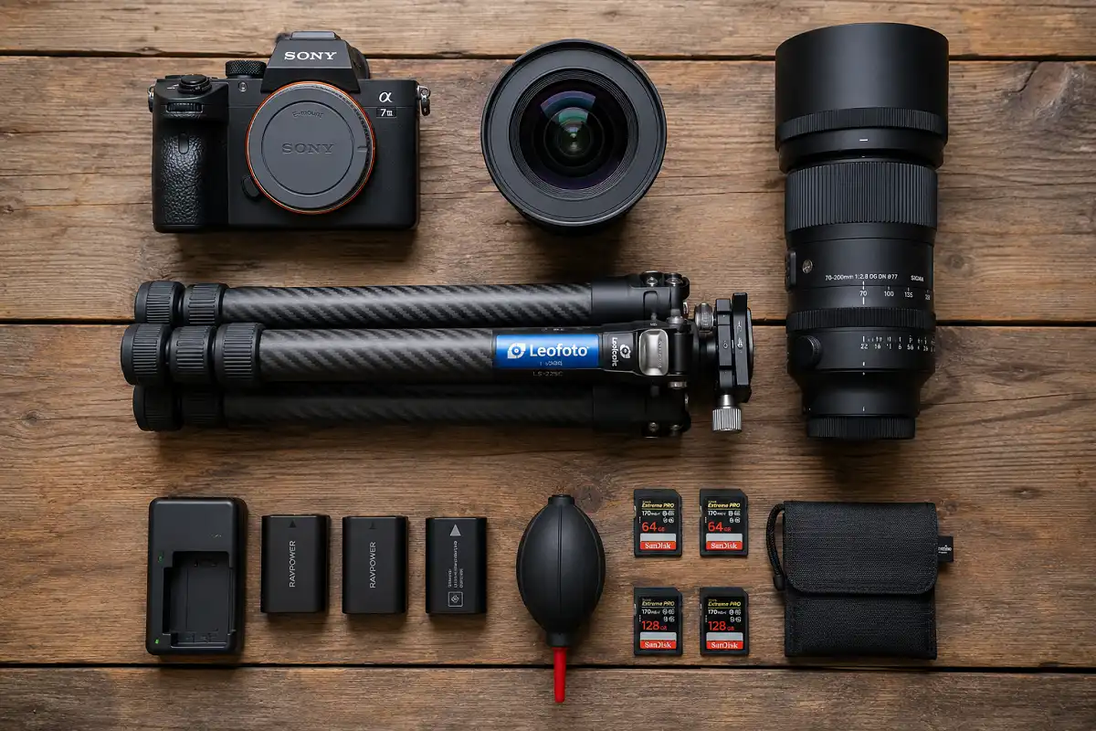 Flat lay of essential beginner nature photography gear including camera, tripod, lenses, and batteries