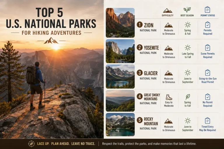 Infographic of the best national parks for hiking showing five top trails, difficulty levels, and best seasons
