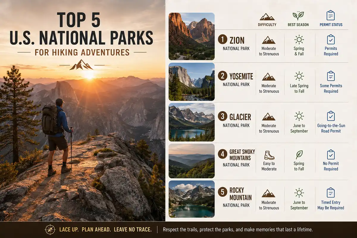 Infographic of the best national parks for hiking showing five top trails, difficulty levels, and best seasons
