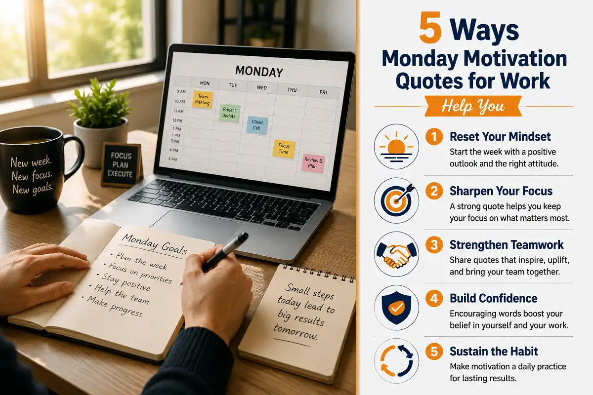 Monday motivation quotes for work infographic showing five ways they help your week