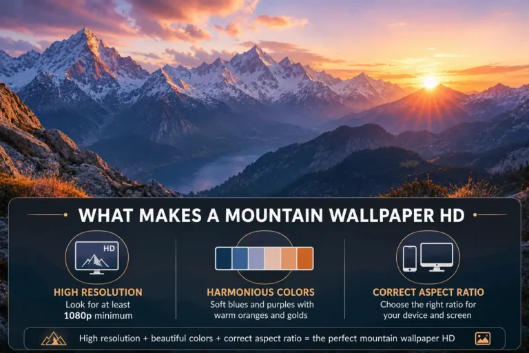Mountain aesthetic wallpaper HD guide showing resolution and style tips