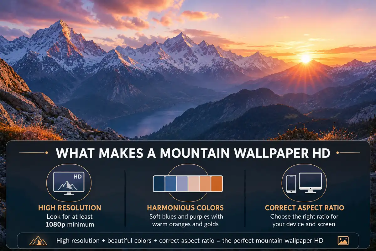 Mountain aesthetic wallpaper HD guide showing resolution and style tips