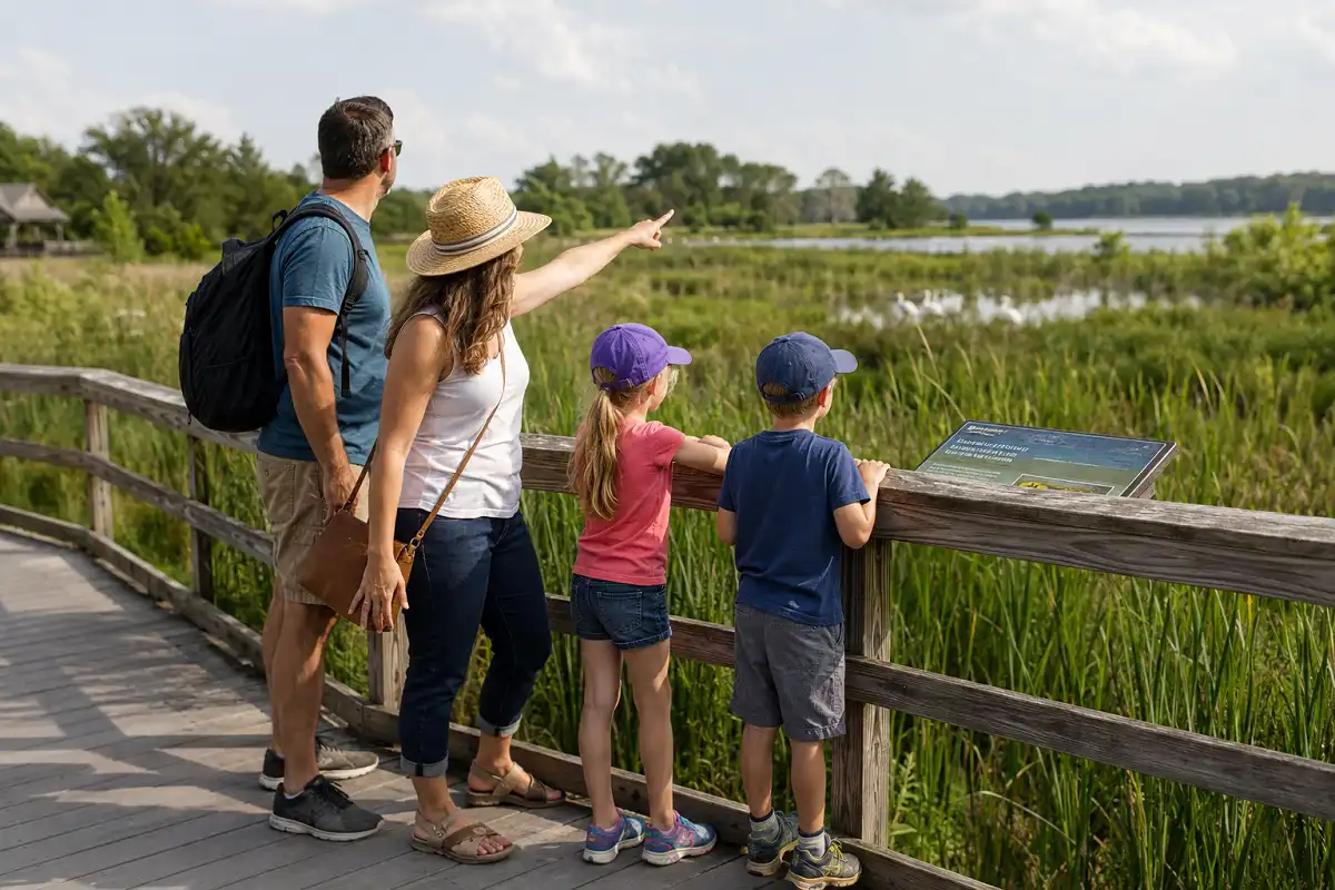 family with kids exploring a nature center trail together