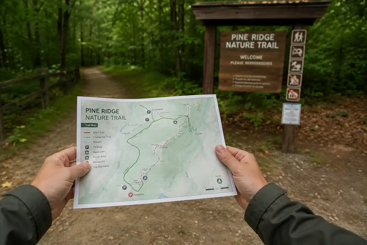 person checking a nature center trail map before a hike