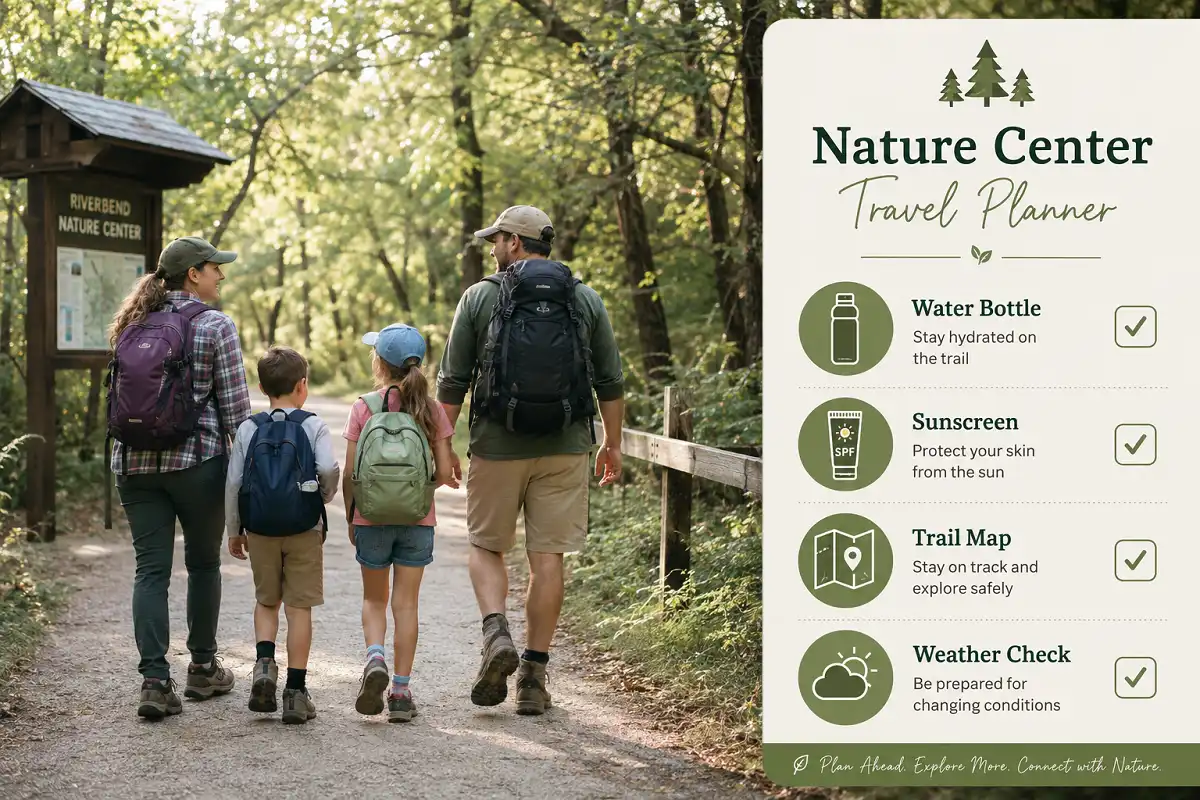 nature center travel planner checklist with packing list and trail map overlay