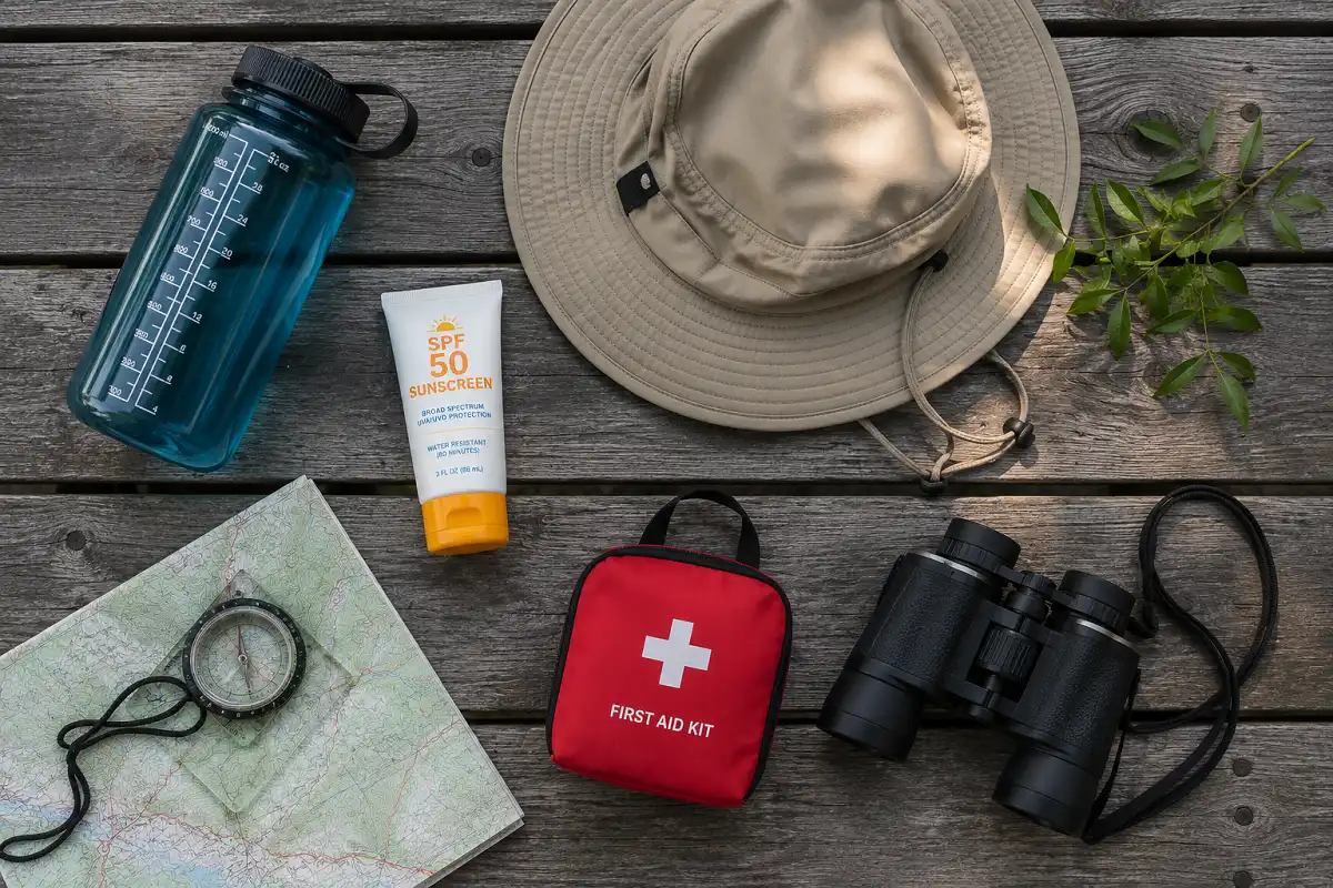 packing list items for a nature center travel planner including water and sunscreen