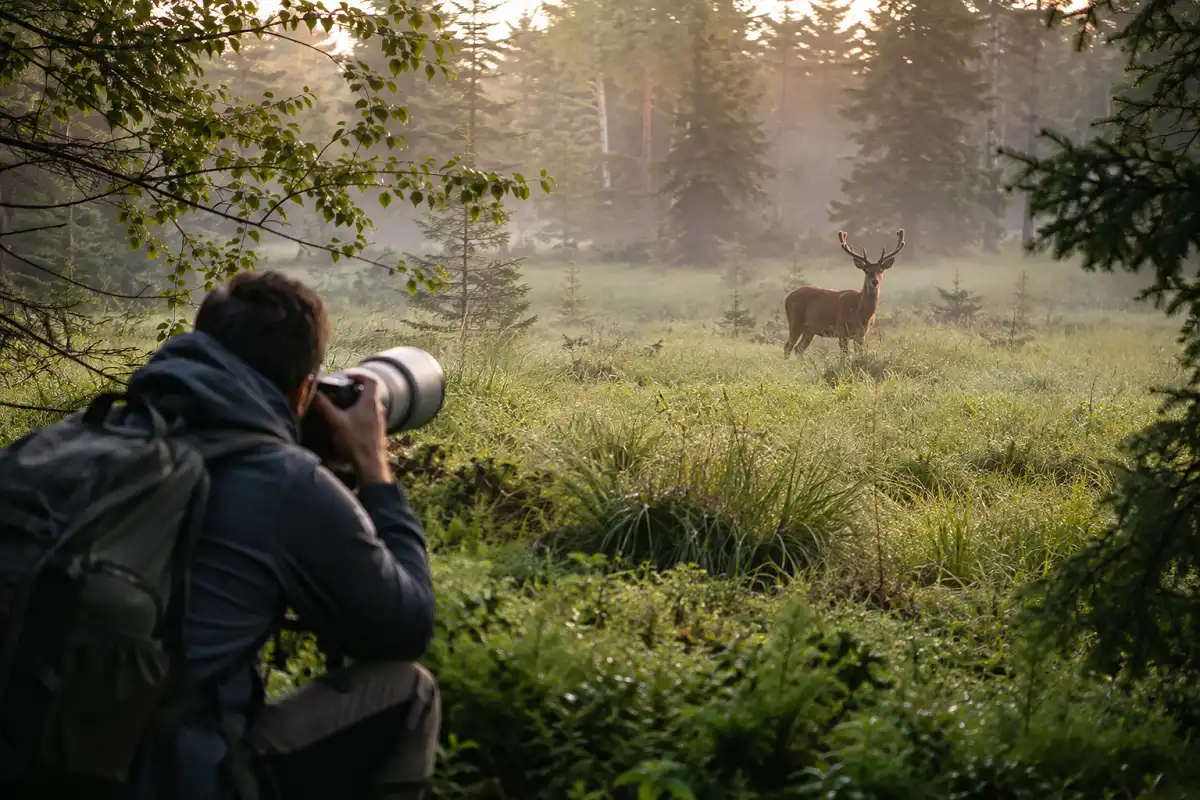 Photographer keeping a respectful distance from wildlife using a telephoto lens
