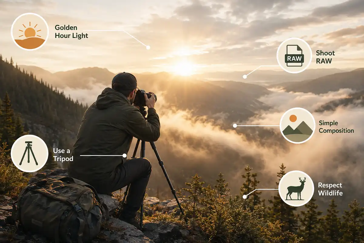 Nature photography tips for beginners infographic showing golden hour light, camera settings, and composition rules