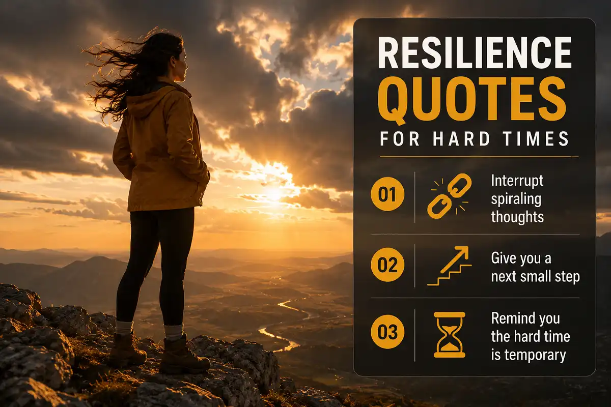 Resilience quotes for hard times infographic showing three ways quotes help you cope with adversity