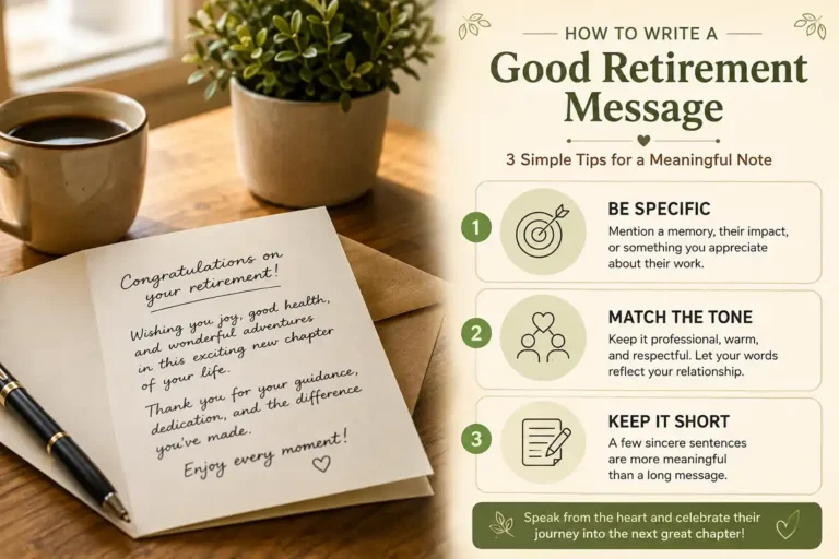 Retirement wishes and messages guide showing a warm card and key writing tips