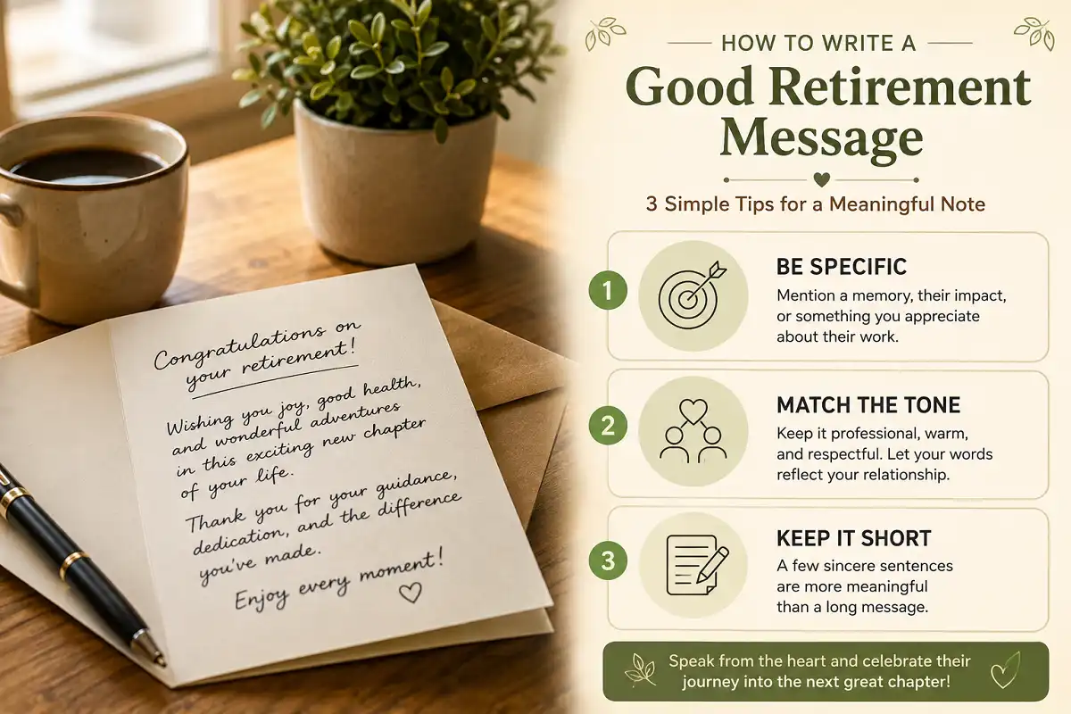 Retirement wishes and messages guide showing a warm card and key writing tips