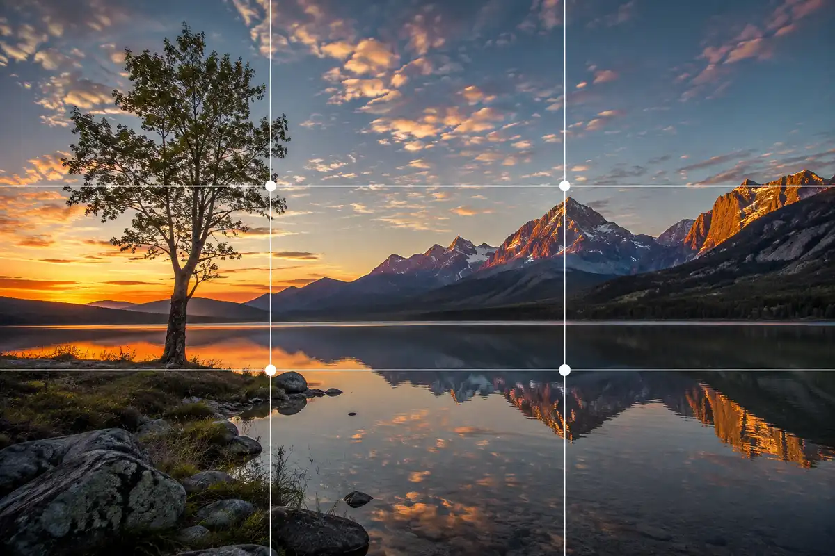 Example of rule of thirds composition grid applied to a nature landscape photo