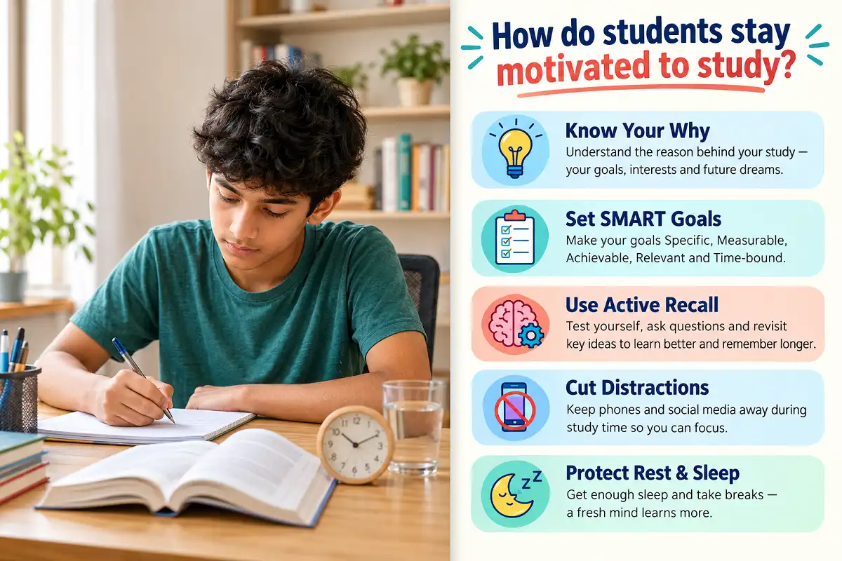 Study motivation tips for students shown as a 5-step infographic: know your why, set SMART goals, use active recall, cut distractions, protect rest and sleep.
