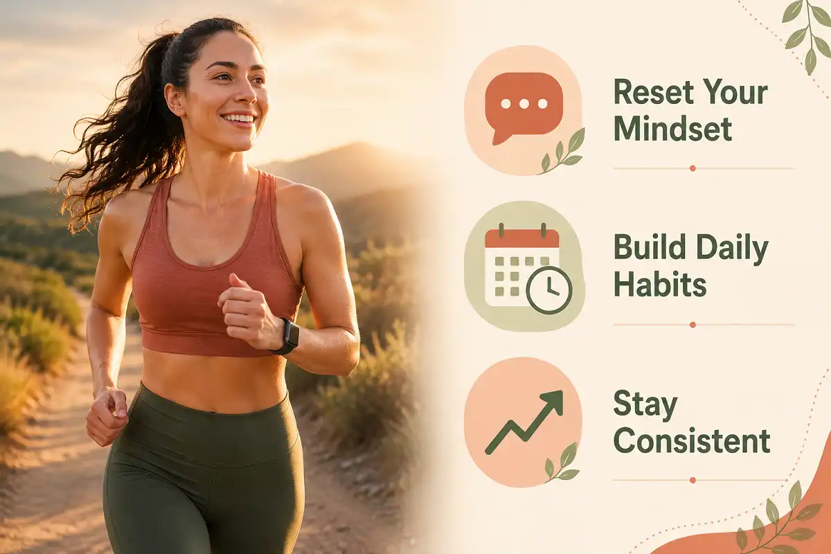 Woman running on a trail beside an infographic explaining how weight loss motivation quotes reset mindset and build consistency